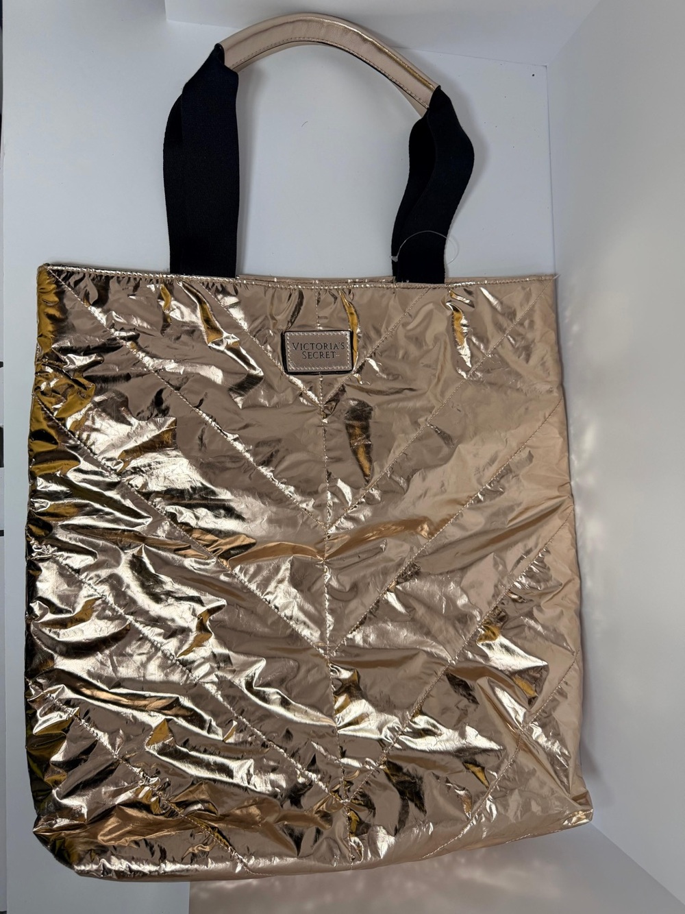 Victoria's Secret Rose Gold Metallic Tote with Black Straps